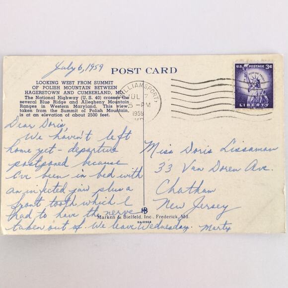 Polish Mountain West Hagerstown Cumberland Maryland Vintage Linen Postcard 1959 - Picture 2 of 2